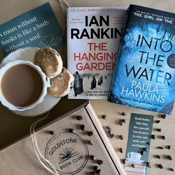 Selection of Crime & Thriller books with a hot cup of coffee and two welsh cakes placed on the saucer